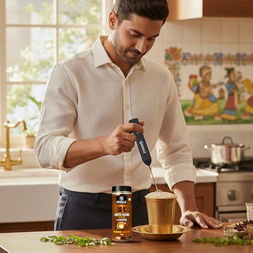 Image of Bevzilla 150 Gram Instant Filter Coffee Powder outh Blend With Rechargeable Frother | 70% Coffee, 30% Chicory | Extra Strong | Bold Taste | Quick Preparation | Perfact for Gifting