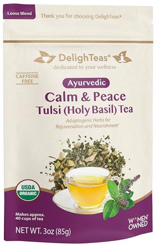 DelighTeas Organic Calm & Peace Tulsi Holy Basil Tea | Ayurvedic Loose Leaf Tulsi, Ashwagandha and Licorice Tea | Adaptogen Blend | USDA Organic, Non-GMO, Caffeine Free, Sugar Free | 40 Servings, 3 oz