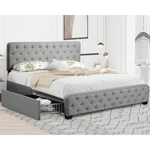 PrimeZone Upholstered Queen Size Metal Bed Frame with 4 Storage Drawers & Adjustable Headboard, Button Tufted, Heavy Duty Modern Fabric Bedroom Platform Bedframe, No Box Spring Needed, Grey
