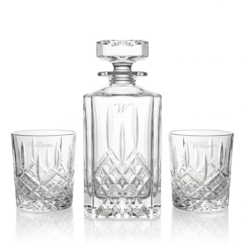 Marquis by Waterford Personalized Markham Square Decanter Set, Includes Custom Engraved 32oz Crystal Whiskey Decanter with Two Matching DOF Rocks Glasses for Scotch, Bourbon, Rye, Home Bar