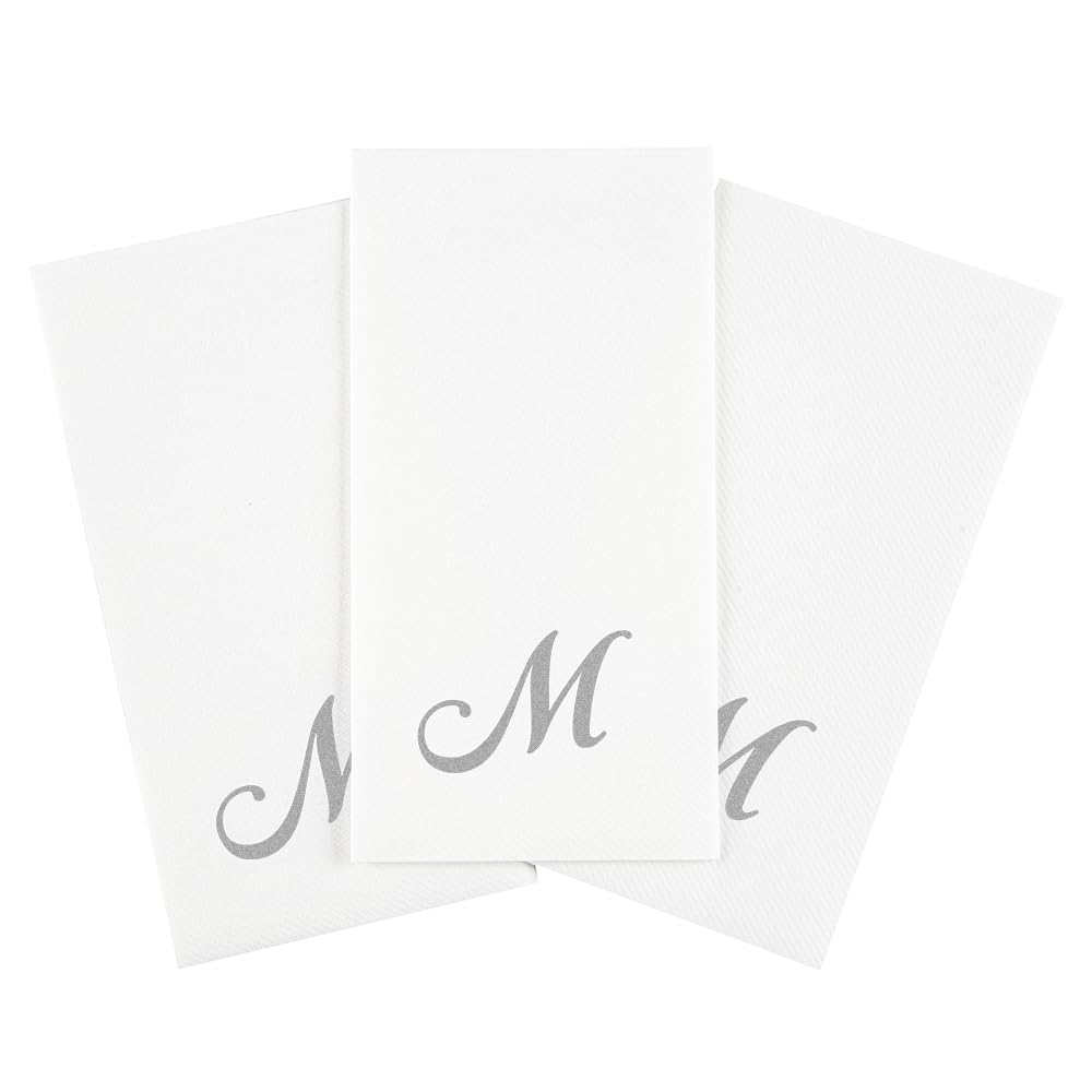 Luxenap - Servilleta rectangular de papel blanco con letra M plateada, puesta al aire, fuente cursiva, 15 3/4 x 8 pulgadas, caja de 50 unidades