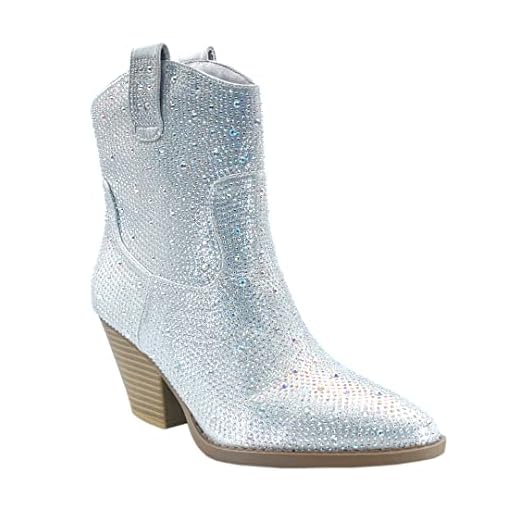 ABSOLEX Women Western Cowgirl Cowboy Pointed Toe Rhinestone Ankle Booties, Silver, 6