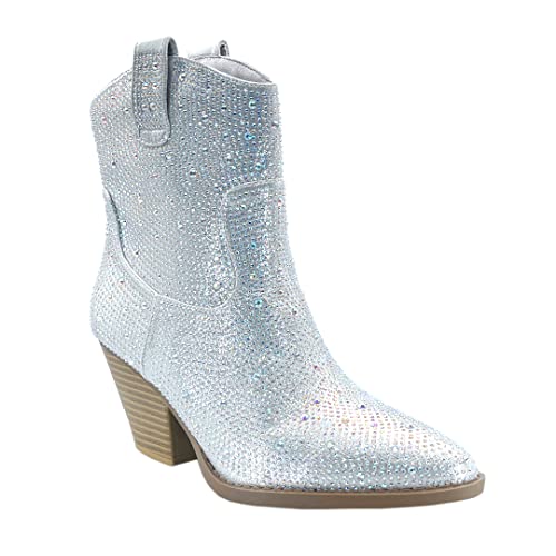 Image of ABSOLEX Women Western Cowgirl Cowboy Pointed Toe Rhinestone Ankle Booties