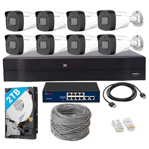 Image of CP Plus 8 Channel Full HD NVR with 8X 2 MP Built-in Audio Mic Outdoor Wired IP CCTV Cameras, Motion Detection, 8 Port PoE, 2TB HDD, 100 Meter CAT6 Cable, RJ45 Connector - White