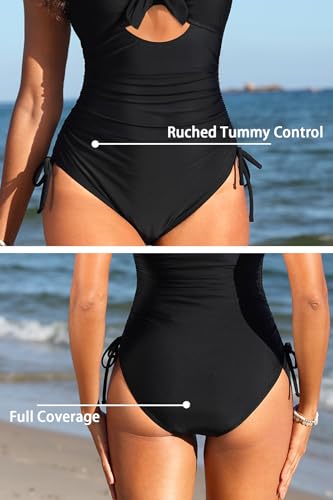 Image of Tempt Me Women Sexy Cutout One Piece Swimsuits Tummy Control High Waisted Halter Front Tie Knot Bathing Suit