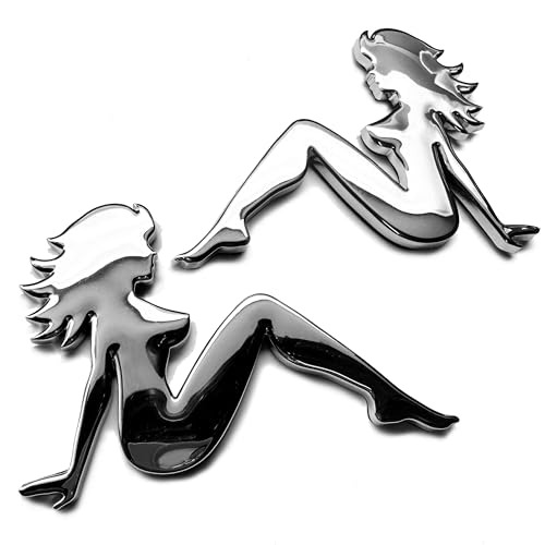 Image of Two Pieces of 3D Premium Chrome Lady Trucker Girl Badges Emblems with Adhesive Backing
