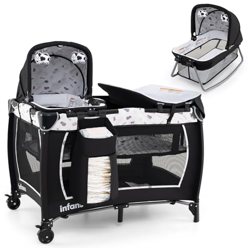 GOPLUS Cuna de Bebé Plegable 4 en 1, Cuna con Ruedas, Colchón, Bolsa de Transporte, Juguetes Colgantes, Cama Infantil de 2 Niveles con Moisés, Cambiador, para Viajes Vacaciones, Carga 15 kg (Beige)