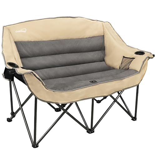 Double Folding Camping Chair Fully Padded Loveseat Camping Couch Oversized 2 Person Lawn Chair Sofa w/Cup Holder,Wine Glass Holder,Mesh Storage for Patio Picnic Beach,Support 600lbs,Beige miniatura 1