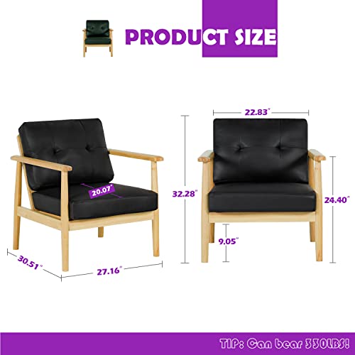 Tyboatle Mid-Century Modern Upholstered Armchairs Set Of 2, Retro Ivory Wooden Lounge Sofa Chairs, Pillow Back Lounge Accent Chair For Living Room, Office, Bedroom, Belcony, Studio (Black) #TOP2