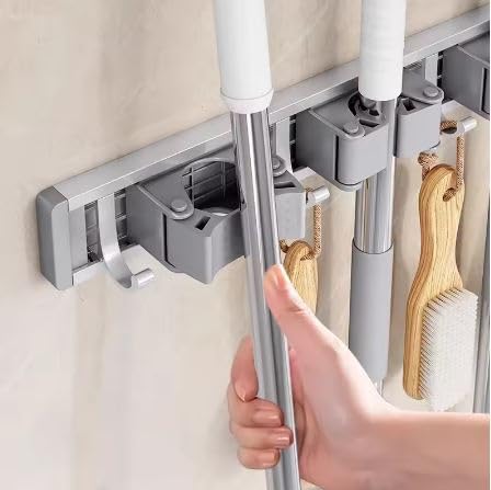 Image of STAR WORK Heavy-Duty Space Aluminum Wall Mop & Broom Holder, Waterproof Organizer with Dual Non-Slip Grips and Utility Hooks, No-Drill Adhesive Mount for Kitchen, Bathroom. (2 MOP HOLDER 3 HOOKS)