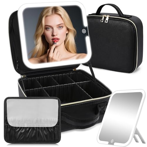 Trousse de Maquillage avec Miroir LED Amovible, Grand Professionnel Sac de cosmétiques de Voyagea de Lumineux, boîtier de Maquillage avec Miroir éclairé, 3 Modes d'éclairage, Couvercle en Cuir PU