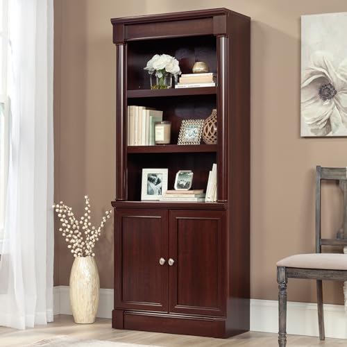 Image of Sauder Palladia Book Shelf, Bookshelf with Storage, Library Bookcase with Doors and Adjustable Shelves, in Select Cherry finish
