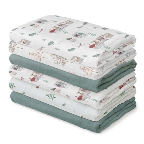Image of GLLQUEN BABY Receiving Blanket Boy Cotton Muslin Swaddle Blankets Girl Newborn Squares Breathable & Soft Thin Baby Blankets Cloths Double Absorbent Infant Swaddling Wrap - 6 Pack (Pine Tree & Train)