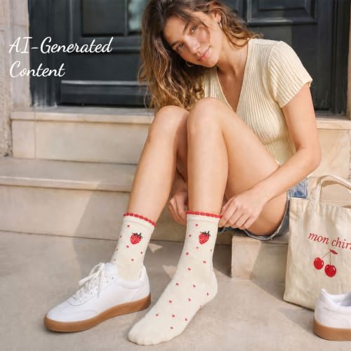 Image of Women's Cute Crew Socks, Casual Athletic Cotton Bowknot Cherry Calf Novelty Socks for Women