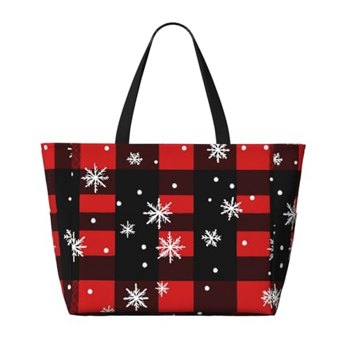 Buffalo Plaid Snowflake Beach Bag Vintage Pool Bag for Women Waterproof Large Travel Tote with Zipper Organizer for Swimming Vacation Essentials2