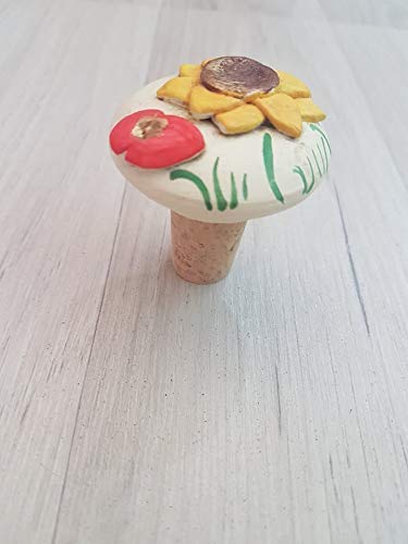 Set sei tappi in sughero,di ceramica per bottiglie di vino, con decoro girasoli e papaveri, bomboniere tema vino