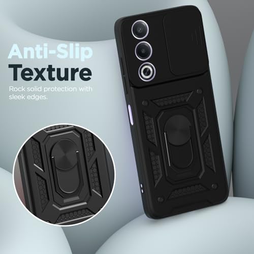 Image of Pikkme Back Cover for Oppo A3 Pro 5G | 360 Protection Case | Sliding Camera Shield Cover & Ring Holder Stand D10 Tough Armor Bumper Case (Black)