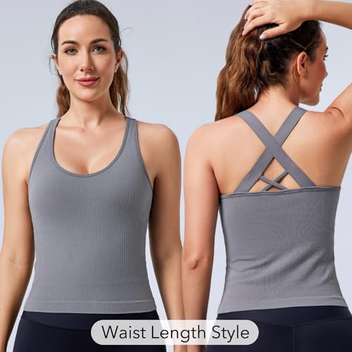 Evercute Workout Yoga Crop Tank Tops for Women 1/2/3 Pack Criss Cross Strappy Tops with Built in Bra Ribbed Seamless Tanks2