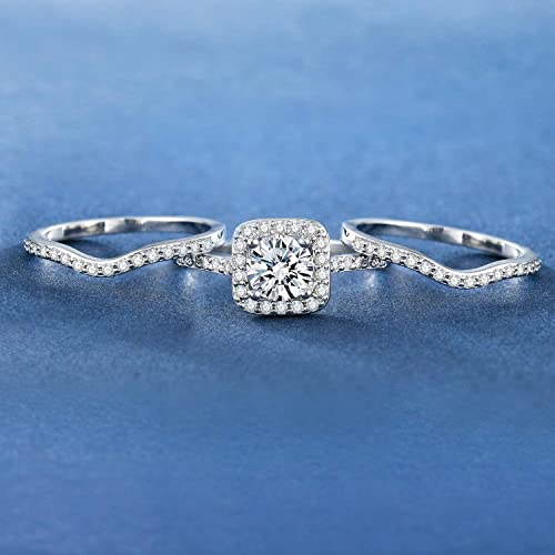 2.8 Ctw Moissanite Wedding Ring Set for Women 3 Pieces Halo Bridal Ring Set Engagement Ring Set Platinum Plated Silver 10K 14K 18K Gold Promise Rings for Her3
