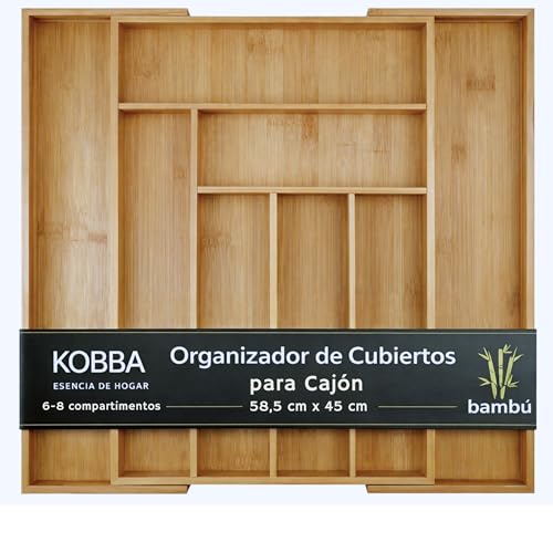 KOBBA Organizador Cubiertos para Cajón | Organizador de Cajones Extensible | Orden en Cocina, Despacho o Baño | Fácil limpieza | Cubertero Bambú (6 a 8 Compartimentos Ajustables)