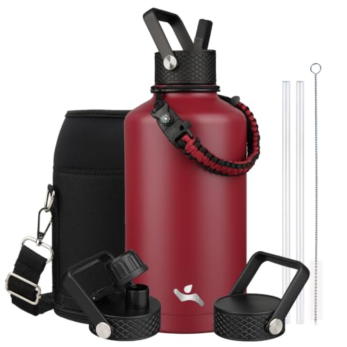 Image of Konokyo Insulated Water Bottle with Straw,87 oz 3 Lids Water Jug with Carrying Bag,Paracord Handle,Double Wall Vacuum Stainless Steel Metal Flask,Dark Red