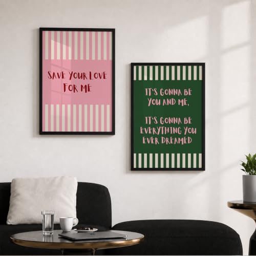 Image of Suneree Aesthetic Quote Wall Art Set of 2 Framed Paintings | Pink Green Striped Typography Poster | Couple Bedroom Living Room Home Decor (Art 16, 13x19 Inches)