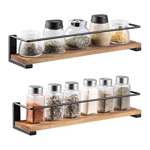 OROPY 2 Pack Spice Rack Wall Mounted, Solid Wood Spice Shelf for Kitchen Wall, Hanging Storage Shelves for Spices, Herbs, Jars, 40x9x7cm-Rustic Brown Cover