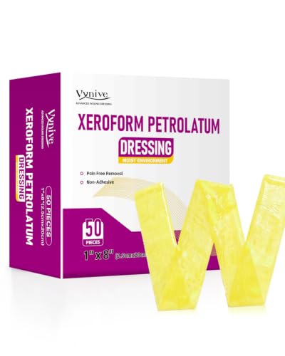 Vynive Xeroform Petrolatum Dressing 1"x8" Pack of 50, Non Stick Pads for Wounds, Non-Adherent Gauze, Fine Mesh Sterile for Wound Care, Burns, Lacerations, Skin Grafts & Surgical Incisions