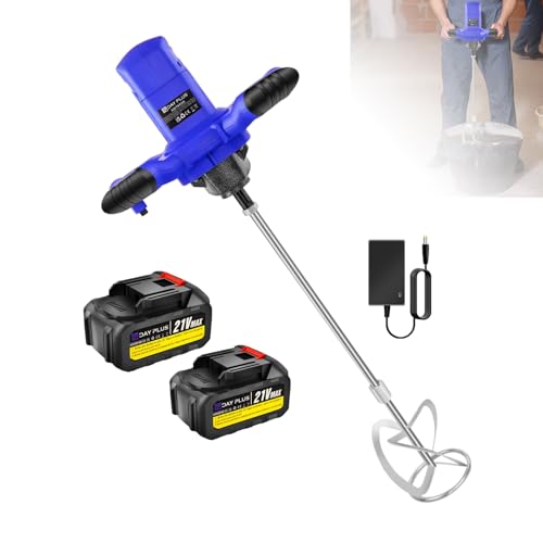 Cordless Concrete Mixer, 2600W Power Handheld Paddle Mixer, 6 Variable Speed with 2X 1.5Ah Batteries, for Cement, Mortar, Plaster, Paint, Fodder Mixing (M14 Mount)