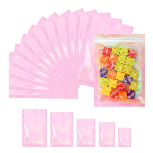 Resealable Holographic Pink Clear Zipper Packaging Bag for Food Storage lip gloss, eyelash, Jewelry (Holographic Clear 5.5x7.8'' (14 x 20 cm)