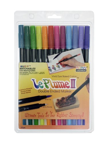 Uchida Le Plume II Double-Ended Markers with Brush and Fine Tips, Bright, Set of 12