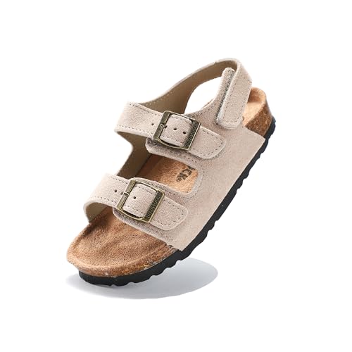 Hezeisoar Toddler Sandals Boys Girls Cork Footbed Sandals Kids Adjustable Back Strap Slippers Double Buckle Slide Beach Shoes for Indoor Outdoor Beige 8 Toddler