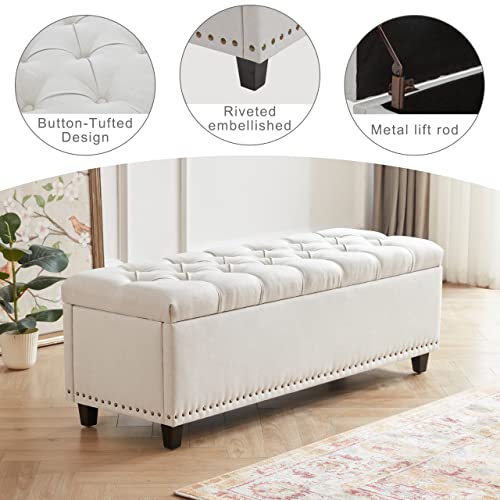 Tbfit Ottoman With Storage，50.8-Inch Storage Bench With Button-Tufted，End Of Bed Storage Bench Safety Hinge With Rivets,Large Storage Ottoman Bench For Bedroom, Living Room, Foot Of Bed (Beige) #TOP4