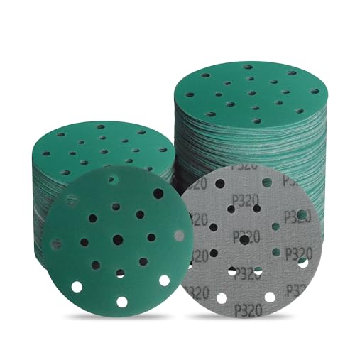 Image of 6 Inch 17 Hole 320 Grit Zirconia Alumina Hook & Loop Sanding Discs, Heavy-Duty Polyester Film Backing, Wet /Dry Anti-Clog for Random Orbital Sanders - Wood, Automotive, Metal - 50 Pack