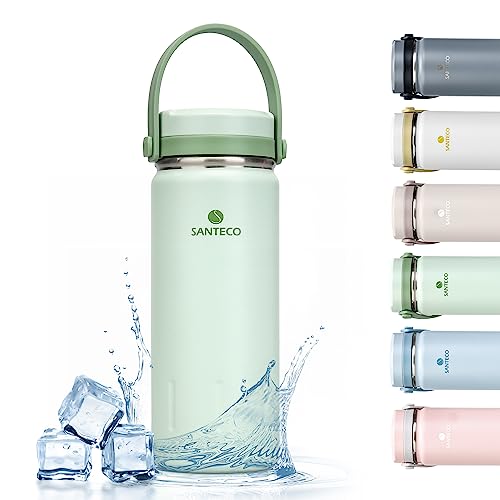 Santeco 13oz Stainless Steel Water Bottle with handle - Insulated Double Wall,Stylish Personality water bottle,Wide Mouth, Ergonomic design,Leak-Proof Reusable Bottle for Hydration On-the-Go-Green