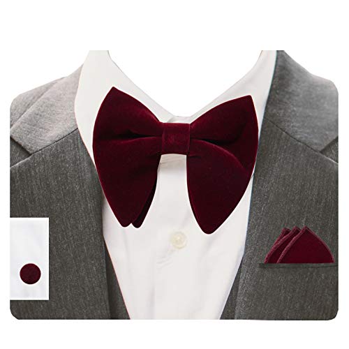 Image of GUSLESON Mens Solid Plaid Velvet Pre-tied Adjustable Bow Tie and Pocket Square Cufflink Set with Gift Box