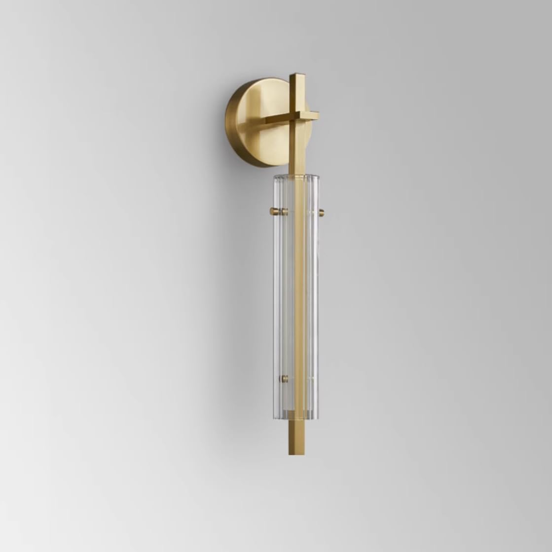 Cylinder Fluted Glass Wall Sconce Brass Gold Wall Lamp Glass Tube Sconce Wall Lighting Mid-Century Modern Wall Light Clear Ribbed Glass Bathroom Sconce for Living Room Bedroom - 19.5" Long