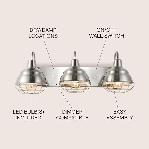 Image of JONATHAN Y Levi 3-Light Vanity 24.5 inch Industrial Metal, Nickel | Farmhouse Rustic Wall Sconce, Caged Bell Shade, Dimmable, Hardwired, UL Listed, LED Bulbs Included