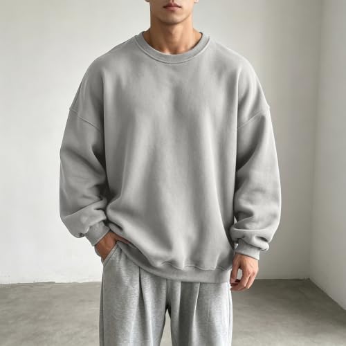 Mens Sweatshirt Fall Crewneck Fleece Pullover Loose Fit Casual