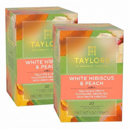 Taylors of Harrogate White Hibiscus &amp; Peach, Green Tea Individually Wrapped Bags, 20 Count, Delicate, Fruity and Sweet, Caffeinated, Enjoy Hot or Iced, 20 Teabags (Pack of 2)