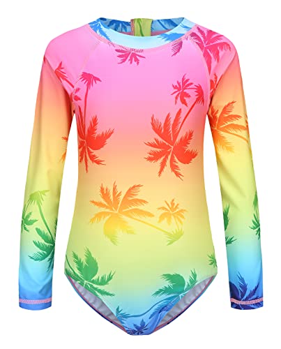 Image of Girls One Piece Swimsuits Long Sleeve Rash Guard for Kids Girls Hawaiian Swim Shirts UPF 50+ Sun Protection