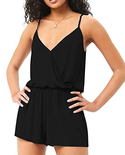 Loveternal Combinaison Femme Élégante Noir Col V Sans Manches Épaules Dénudées Combinaison Courte Été Plage Combinaison Une Pièce avec Poches, XL Cover