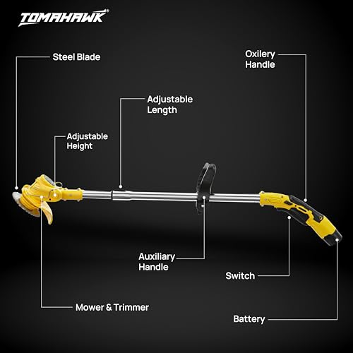 Image of Tomahawk TCBC-12 12V Cordless Brush Cutter, Brushless Motor, 1.5Ah x 2 Batteries, Adjustable Length Shaft, 10,000 RPM, Light Duty Garden Grass & Weed Trimmer with Saw Blade & Rope Attachment