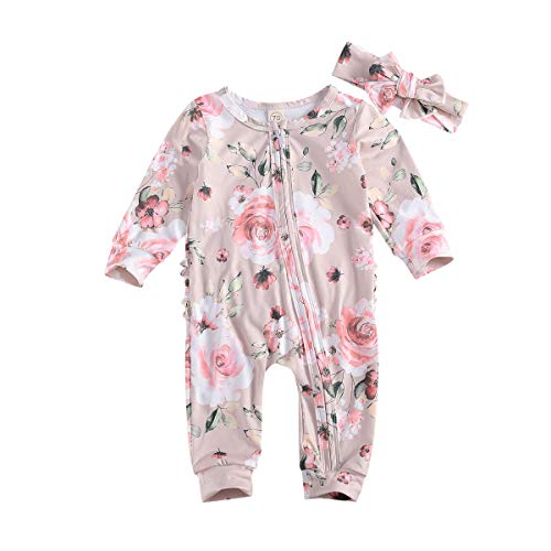 Lamuusaa Newborn Baby Girls Romper Long Sleeve Ruffle Jumpsuit One Piece Bodysuit Pajamas Headband Fall Winter Outfits (Floral-Pink, 12-18M)