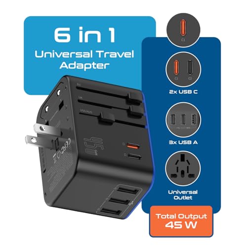 Ceptics Universal Travel Adapter, 45W International Power Adapter with PD & QC 3.0 Dual USB-C, 3 USB Travel Adapter Worldwide, Type I C G A Outlets 110V 220V A/C - EU Euro US UK (11-KU)