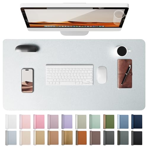 YSAGi Leather Desk Pad Protector, Office Desk Mat, Large Mouse Pad, Non-Slip PU Leather Desk Blotter, Laptop Desk Pad, Waterproof Desk Writing Pad for Office and Home (Silver, 31.5