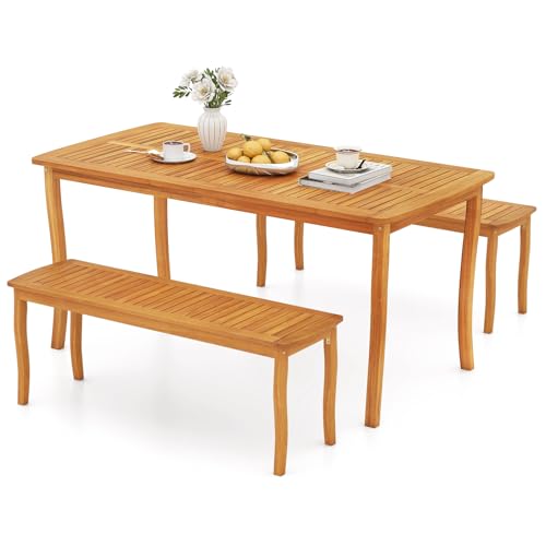 Tangkula 3 Pieces Patio Wood Dining Set, 63 Inch Outdoor