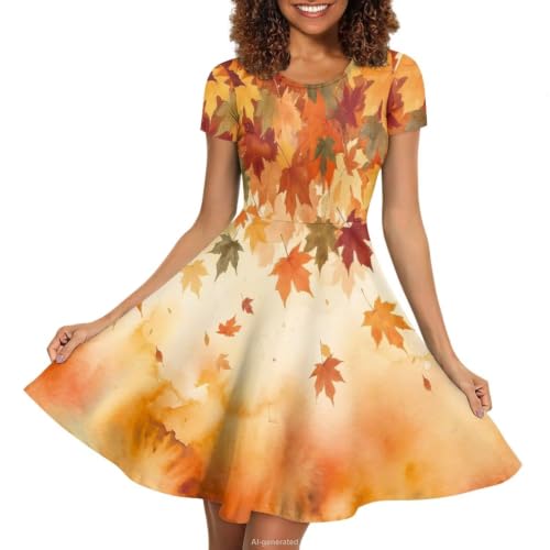Image of POLERO Women Puffy Swing Elegant Party Midi Dresses Short Sleeve Round Neck A-Line Dress