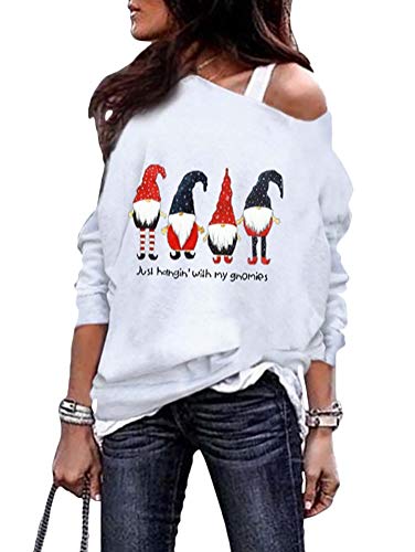 Image of Onsoyours Women Casual Long Sleeve Tops Cold Shoulder Santa Claus Printed Oversized Baggy T-Shirt Fashion Christmas Sweatshirts Xmas Blouses Jumper Pullover Tunic C White 4XL