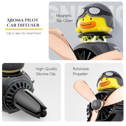 Image of Nostrae by Ekhasa Duck Pilot Car Vent Propeller Freshener | Cute Cartoon Airplane Duck Car Perfume Diffuser | Rotating Fan Blade Dashboard Aroma Deodorizer with Magnetic Top Cover | Festive Car Gift
